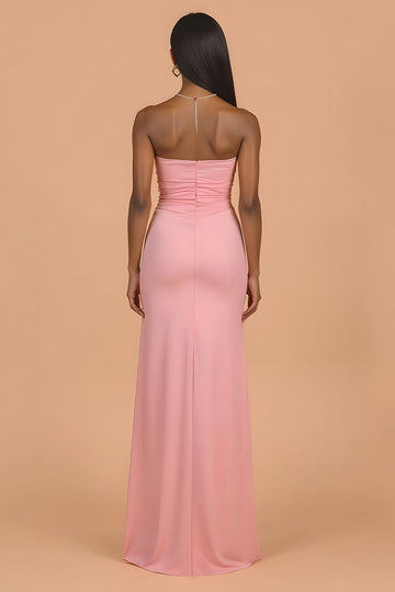 Blush Sheath Satin Strapless Ruched Long Bridesmaid Dress